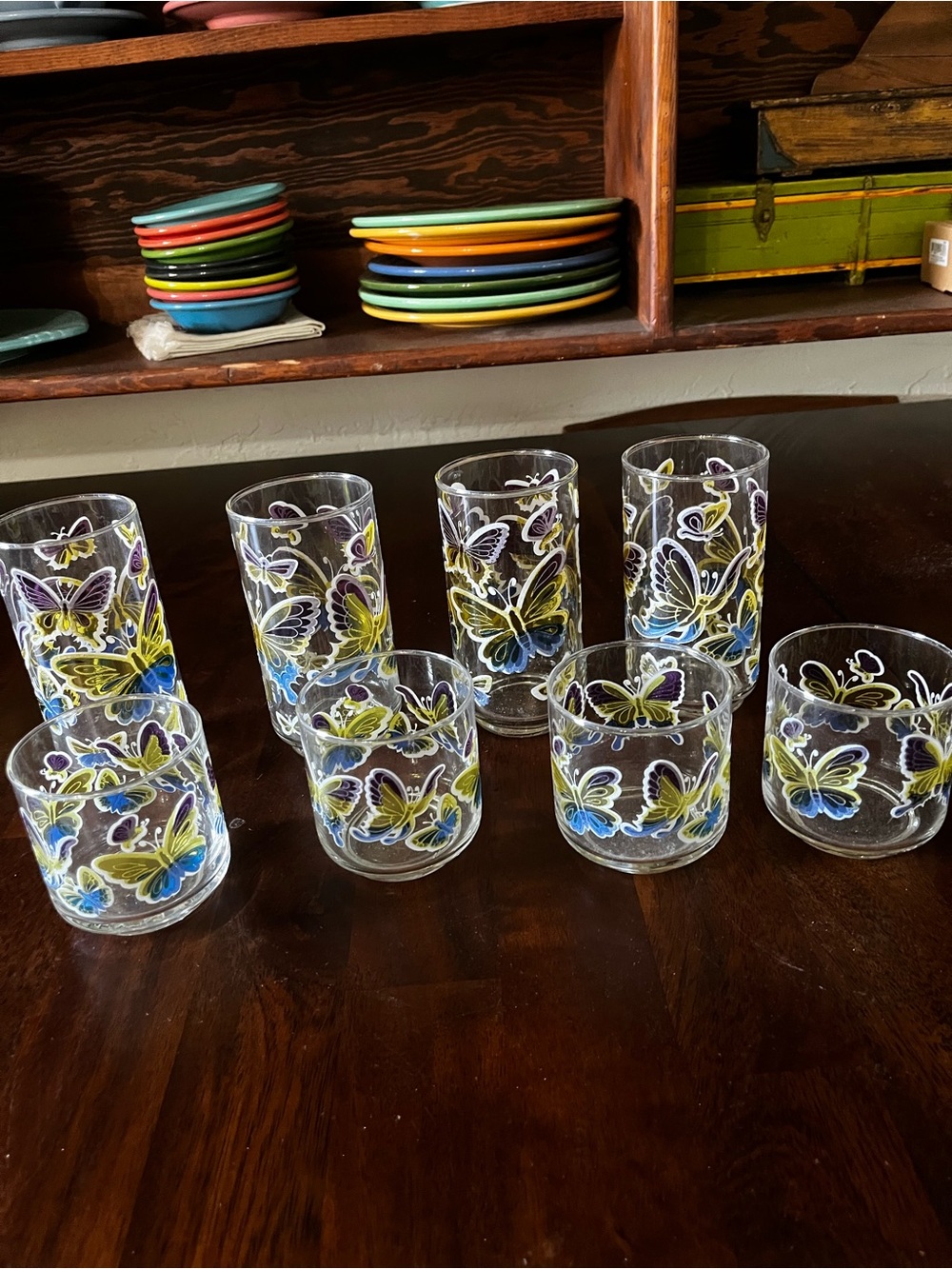 Libbey Glass Tumbler Set with Yellow and Blue Butterfly Motifs